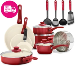 16-Piece Soft Grip Ceramic Nonstick Cookware Set PFAS-Free Red Dishwasher Safe - Picture 1 of 12