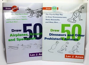 Set of 2 Draw 50 Series: Dinosaurs, Prehistoric Animals - Airplanes, Spacecraft - Imagen 1 de 2