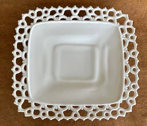 Antique ATTERBURY White Milk Glass Lacy Edge Rectangular Pedestal Dessert Plate - Picture 1 of 24