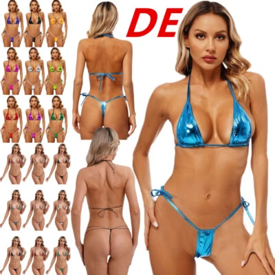 DE Damen Bikini Set Metallic Glänzend Badeanzug Neckholder BH String Wetlook - Bild 1 von 4