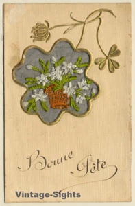 Bonne Fête: Bunch Of Flowers *3 / Christmas (Vintage Embroidered PC ~1910s) - Imagen 1 de 1