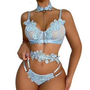 US Womens Sexy Metal Chain Linked Lingerie Set Lace Bra Pantie Nightie Underwear - Picture 1 of 8