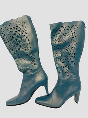 Botas femininas Bellini de couro azul biqueira quadrada e salto tamanho 6 1/2 M - Imagem 1 de 4