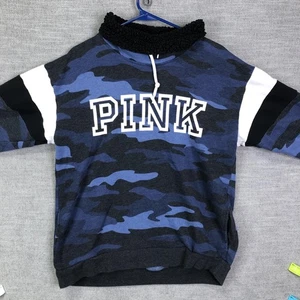 PINK Victoria's Secret Pullover Womens Small Blue Camo Sherpa Collar Sweatshirt - Picture 1 of 8