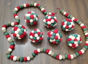 Felted Wool Ornaments 7 Red Green White 4" Balls & Pom pom Garland 72" Christmas - Picture 1 of 8