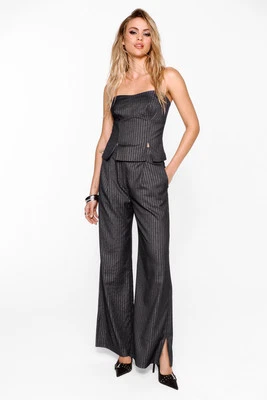 Nastygal Womens Trousers Grey Wide-Leg Casual Pockets Tailored Pinstripe