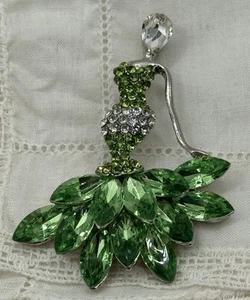 Beautiful Woman In A Green & Clear Rhinestone Gown Brooch /Pin - Picture 1 of 4