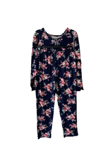 Flora Nikrooz Soft Knit Long Sleeves Henley Pajama Set Navy Floral, 2X - Picture 1 of 3
