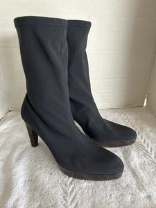 Stuart Weitzman Sz 7.5 Womens Stretch Bootie Black Wood High Heel Sole - Picture 1 of 14