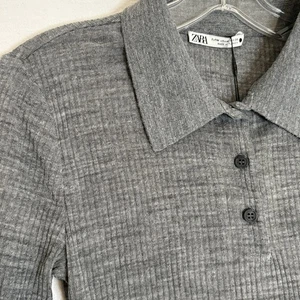 ZARA Polo Manga Larga Gris Cuello Acanalado Body Talla Mediana Nuevo con Etiquetas Camisa Top NUEVO - Imagen 1 de 13