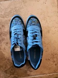 COACH Lovely NEW Blue Floral Fabric & Leather Sneakers Size 10.5 W SHIPS FREE - Picture 1 of 5