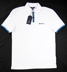 Ben Sherman Mens Polo Shirt S Short Sleeve Regular Fit Stretch White Blue Accent - Picture 1 of 7