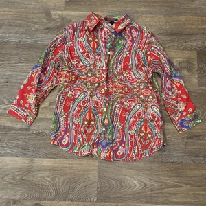 Lauren Ralph Lauren Womens Red Multi Paisley Button Up Shirt Top 3/4 Sleeve Sz S - Picture 1 of 3