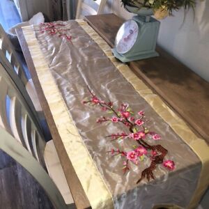 Asian Embroidered Pink Cherry Blossoms Table Runner 76" Sheer White Organza VGC