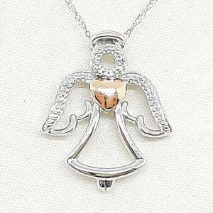 Genuine .02ctw H-SI Diamond 10K Rose Gold 925 Silver Angel Heart Necklace 3g