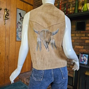 Vtg 70s Native American Skull Feather Suede Leather Southwest Hippie Mens Vest L - Picture 1 of 10