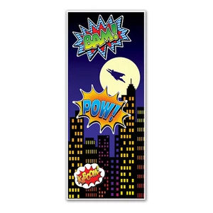 Super Hero Party Supplies Door Cover Poster Boys Birthday Decoration Pow Bam - Picture 1 of 1