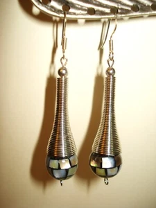 2 1/2" 12mm Mosaic Abalone Bead on Silver Plate Spiral Cap Earwire Earrings - Picture 1 of 4