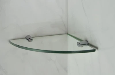 RIPIANO ANGOLARE IN VETRO TRASPARENTE 20CMX20CM CON SUPPORTI CROMATI - Immagine 1 di 2