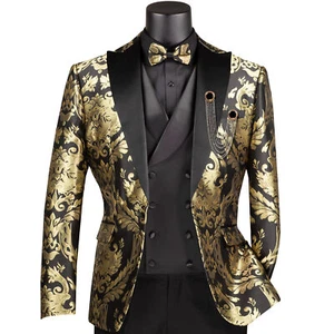 Esmoquin moderno de 3 piezas de jacquard negro y dorado BIG & TALL para hombre con pajarita nuevo con etiquetas - Imagen 1 de 4