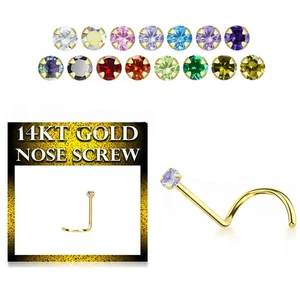 14K Solid Yellow Gold 22G Nose Screw Ring with Prong-Set CZ Sold Individually - Picture 1 of 8