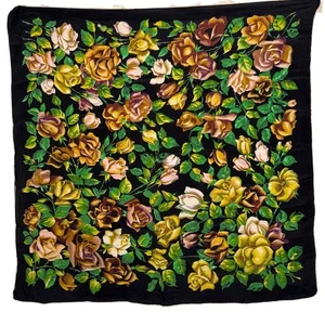 Sally Gee vintage 100% silk rose floral hand rolled scarf yellow green 30 x 31" - Picture 1 of 8
