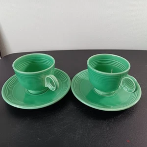 Pair Of Vtg. Fiestaware By Homer Laughlin Green Glaze Teacups & Saucers - Picture 1 of 11