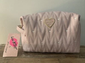 Betsey Johnson Cosmetic Travel Makeup Bag Pink Chevron Loaf Heart Stitching - Picture 1 of 6