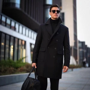 Chaqueta de Negocios Para Hombre Solapa de Lana Largo Medio Doble Pecho Informal Abrigo Abrigo Abrigo Abrigo - Imagen 1 de 9