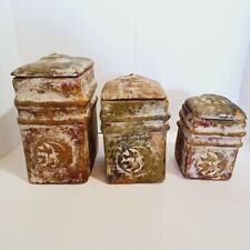 3 Piece Vintage Rustic Primitive Apothecary Raw Sun Moon Carved Canister Jars