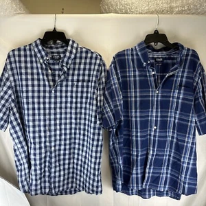 Set Of 2 - Chaps Mens 3XL - Button Up Easy Care Short Sleeve Plaid Blue Shirts - Picture 1 of 21