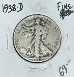 1938-D WALKING LIBERTY SILVER HALF DOLLAR ~ FINE ~NICE COIN~ - Picture 1 of 2