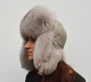 Luxury Saga Furs Space Gray Fox Fur & Gray Leather Winter Ushanka Aviator Hat - Picture 1 of 4