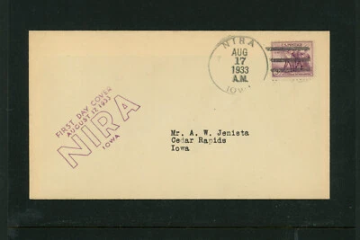 1933 FDC 732-27 Unknown Cachet VF Cover 4 Line Magenta  Nira Iowa - Image 1 of 2