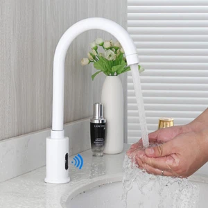 Automatic Sensor Bathroom Faucet White Swivel 1Hole Touch Free Mixer Vanity Tap - Picture 1 of 11
