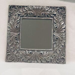 Vintage Carved Wood Square Framed Mirror Grey Silver W/ Leaf Scroll