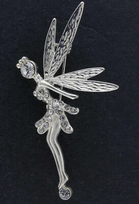 Broche Ángel de Hada Campana Pin Brillante Austriaco Cristal Transparente Tono Plateado  Foto 1 de 4