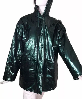Abrigo de lluvia brillante con capucha verde mediano (M) Wippette vintage forro de franela Foto 1 de 4