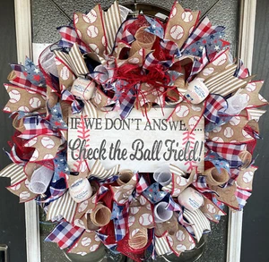 Baseball Check Field Deco Mesh Front Door Wreath, Coach Team Mom Parent Gift MLB - Picture 1 of 6