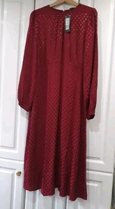 M&S Collection Red/Burgundy Satin Feel Spotted Long Sleeve Dress Size UK 12 New - Picture 1 of 9