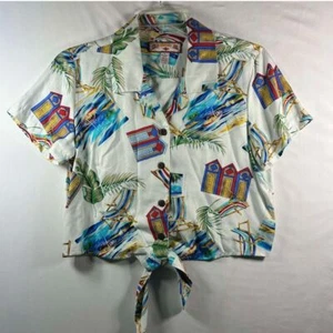 Vintage Beach Scene Crop Top Hawaiian Shirt Tie Front Button Front Petite Large - Picture 1 of 4