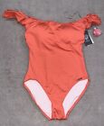 Vince Camuto Ruffle Off Shoulder One Piece Swimsuit Size 10 Coral Koi Orange NWT