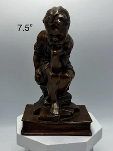 Vintage Cast Metal With Bronze Finish Sitting Boy Little Thinker Bookend 7.5” - Picture 1 of 6