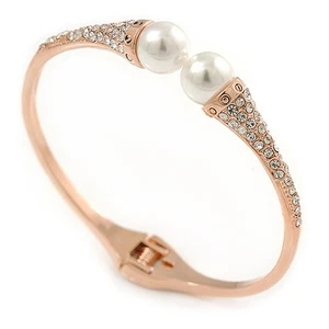 Delicate Crystal Simulated Glass Pearl Bead Hinged Bangle Bracelet In Rose Gold - Picture 1 of 6