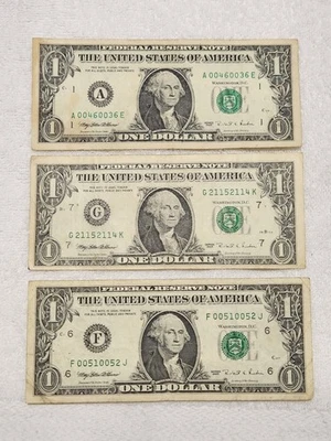 3 Simple Small Ladders Fancy Serial Number one dollar bills notes. circulated  - Image 1 of 4