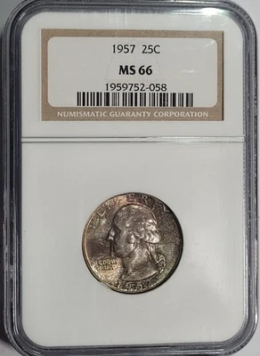 1957-P Washington 90 % plata 25 c cuarto NGC MS66 - ¡Atractivo tono original! Foto 1 de 2