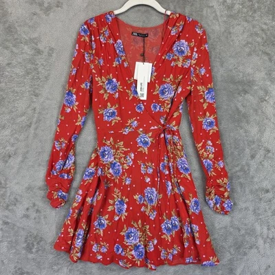 Zara Dress Womens Small Red Floral Polka Dot Wrap Mini Long Sleeve Tie Waist - Image 1 of 4