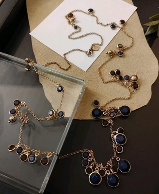 BANANA REPUBLIC BR Chapado en Oro Bisel Asimétrico Conjunto Gemas Azules Collar 32"! Foto 1 de 4