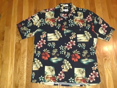 Men's Vintage Pierre Cardin Black Salmon Palm Trees Floral Hawaiian Shirt Sz L - Image 1 of 4