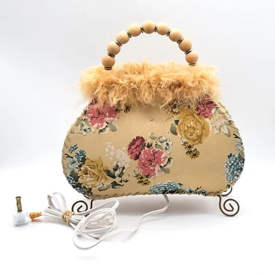 Night Light Lamp Floral Cloth Fabric Feather Trim Wood Bead Handle In Line On/Of - Image 1 of 4